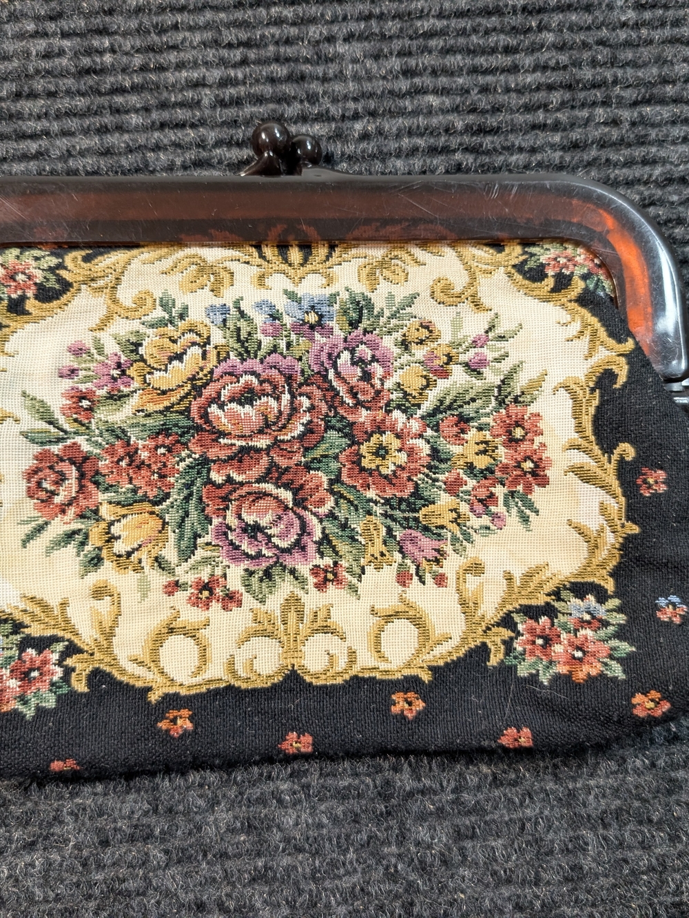 Vintage Floral Tapestry Clutch Purse Faux Tortoiseshell Frame Kiss Lock